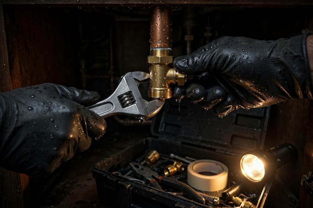 Plumber repairing a leaking pipe fitting at night in a Tyler home