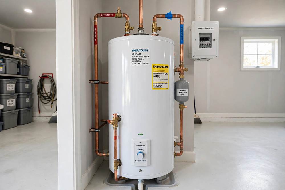 New tank water heater professionally installed in a Tyler garage